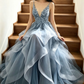 Elegant A Line Straps Blue Lace Layered Tulle Prom Dress Graduation Prom Dress P01330