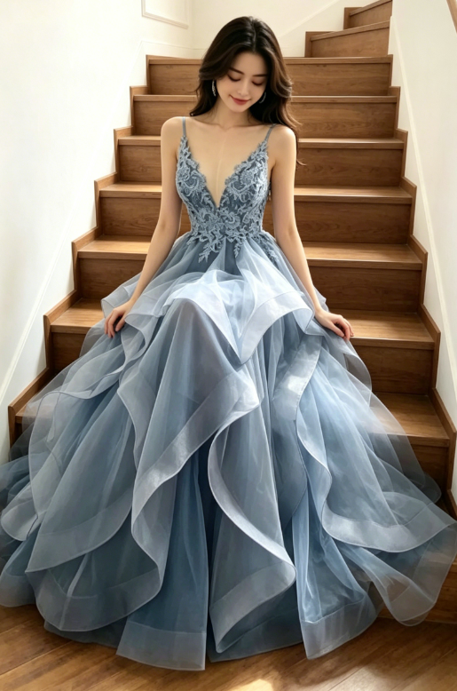 Elegant A Line Straps Blue Lace Layered Tulle Prom Dress Graduation Prom Dress P01330
