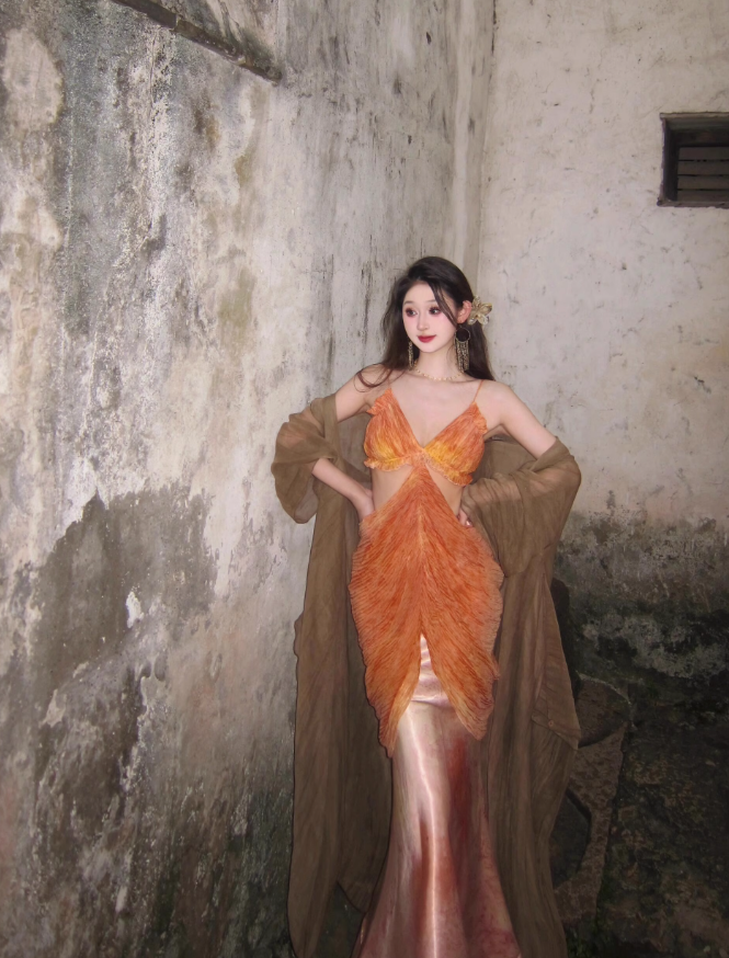 Dreamy Mermaid Spaghetti Straps Orange Satin Chiffon Long Prom Dress Evening Dress SH4392