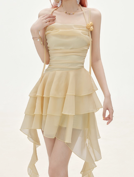 Flowy A Line Halter Layered Yellow Chiffon Open Back Short Homecoming Dress Cocktail Dress SH3174