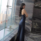 Navy Blue A Line Halter Bow Satin Open Back Prom Dress Evening Dress SH4397