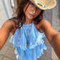Cute A Line Halter Tiered Blue Satin Short Open Back Homecoming Dress Outfits SH2123