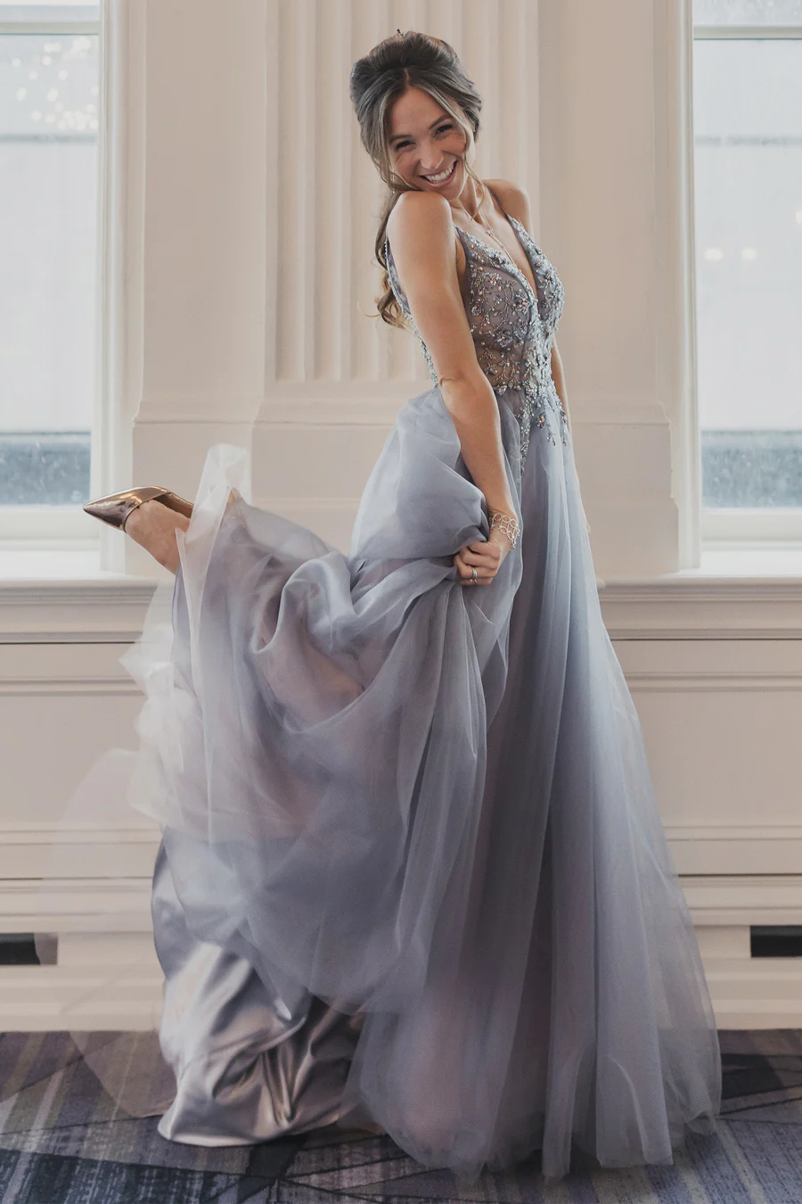 Pink Gentle  Exquisited Beaded Tulle Prom Dress Long Prom Dresses Evening Dress S405