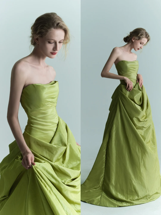 Charming Green Ball Gown Strapless Pleated Satin Prom Dress Formal Gown SH4307
