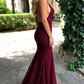 Mermaid Dark Green Prom Dress, Lace Long Prom Dresses, Spaghetti Straps Backless Prom Dress 0643