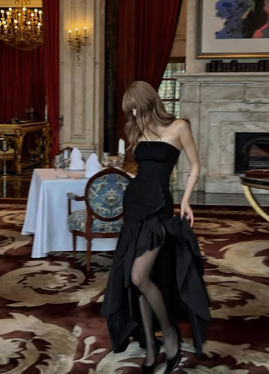 Sexy Black Mermaid Strapless Ruffle Satin Prom Dress with Slit SH5225