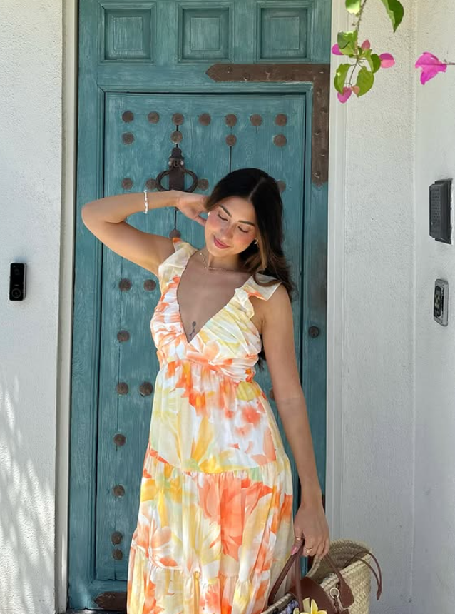 Yellow A Line Strap Orange Print Floral Chiffon Prom Dress Vacation Dress SH6256