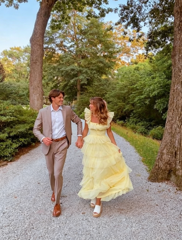 A-Line Square Yellow Tiered Long Prom Dress Princess Tulle Formal Evening Dress SH1049