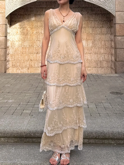Gentle Apricot A Line V Neck Exquisite Beaded Layered Chiffon Prom Dress Wedding Guest Dress SH5436