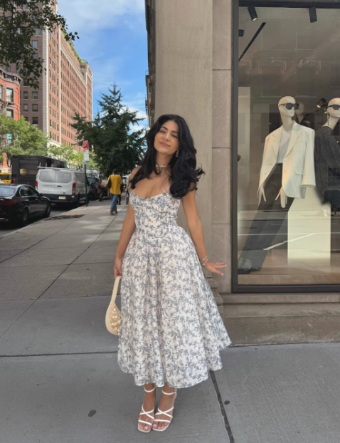 Cute A Line Strapless Blue Print Flower Satin Party Dress Wedding Guest Dress SH3123