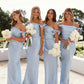 Off the Shoulder Light Blue Sheath Bridesmaid Dress SH2548