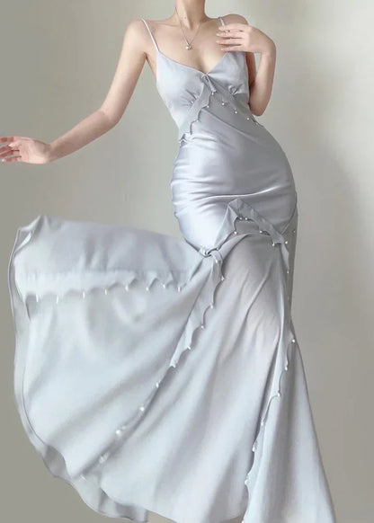 Elegant Mermaid Spaghetti Strap Pearl Grey Satin Long Prom Dress Evening Dress SH2624
