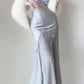 Elegant Mermaid Spaghetti Strap Pearl Grey Satin Long Prom Dress Evening Dress SH2624