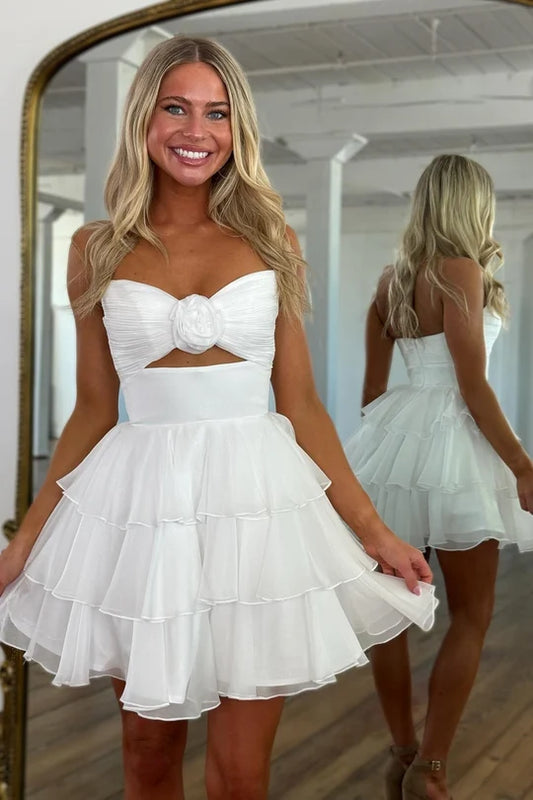 Well-made A Line Sweetheart White Short Homecoming Dress with Ruffles Keyhole SH7741