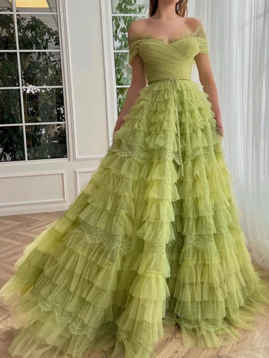 Green A Line Off-the-shoulder Lace Tulle Long Prom Dress Evening Dress SH1697