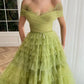 Green A Line Off-the-shoulder Lace Tulle Long Prom Dress Evening Dress SH1697