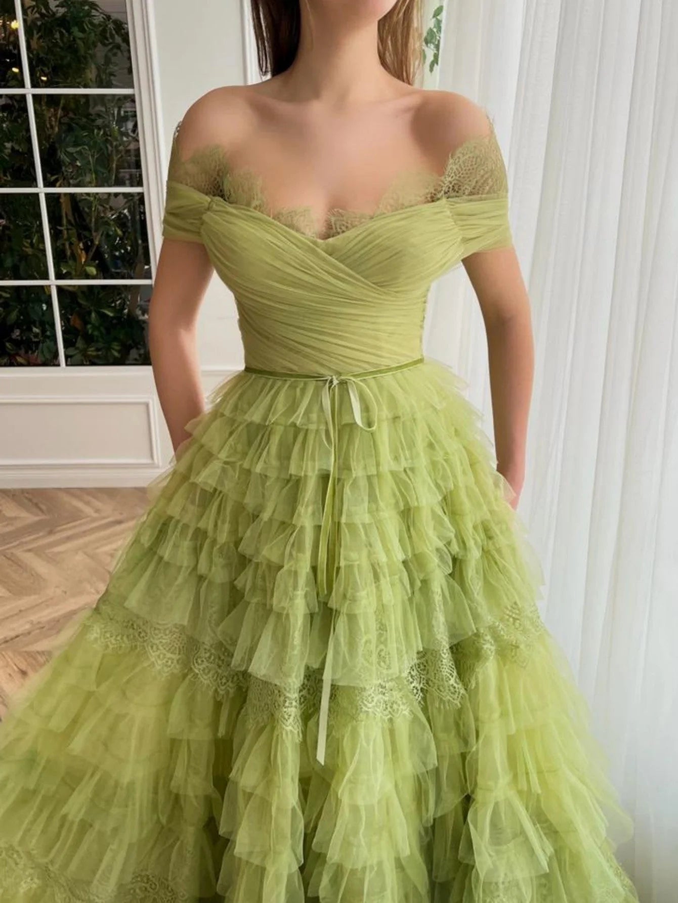 Green A Line Off-the-shoulder Lace Tulle Long Prom Dress Evening Dress SH1697