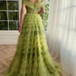 Green A Line Off-the-shoulder Lace Tulle Long Prom Dress Evening Dress SH1697