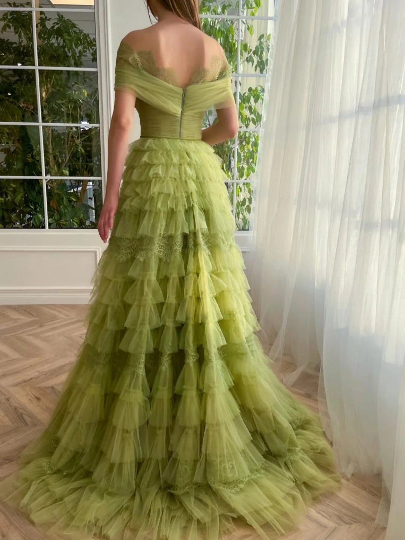 Green A Line Off-the-shoulder Lace Tulle Long Prom Dress Evening Dress SH1697