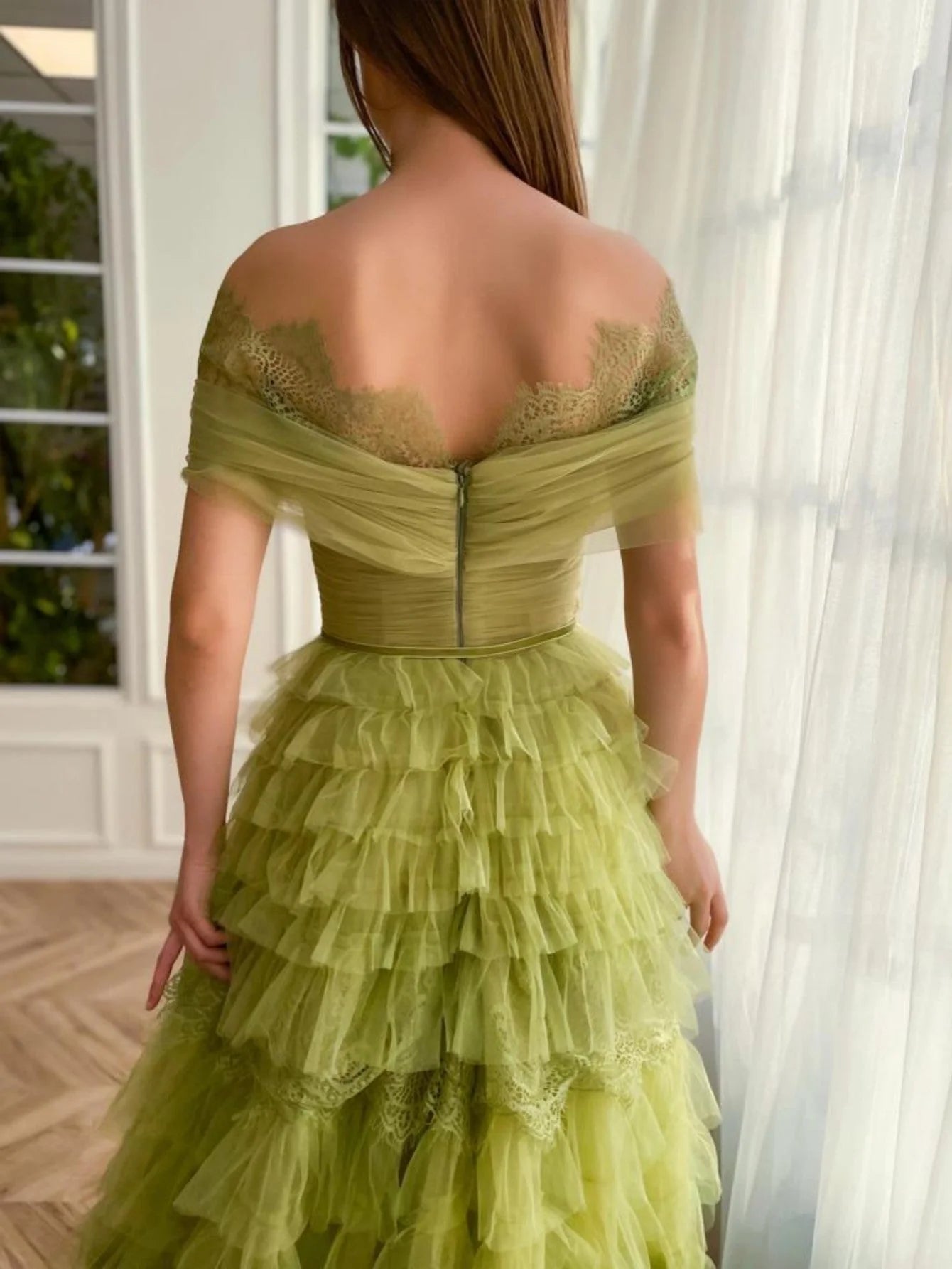 Green A Line Off-the-shoulder Lace Tulle Long Prom Dress Evening Dress SH1697