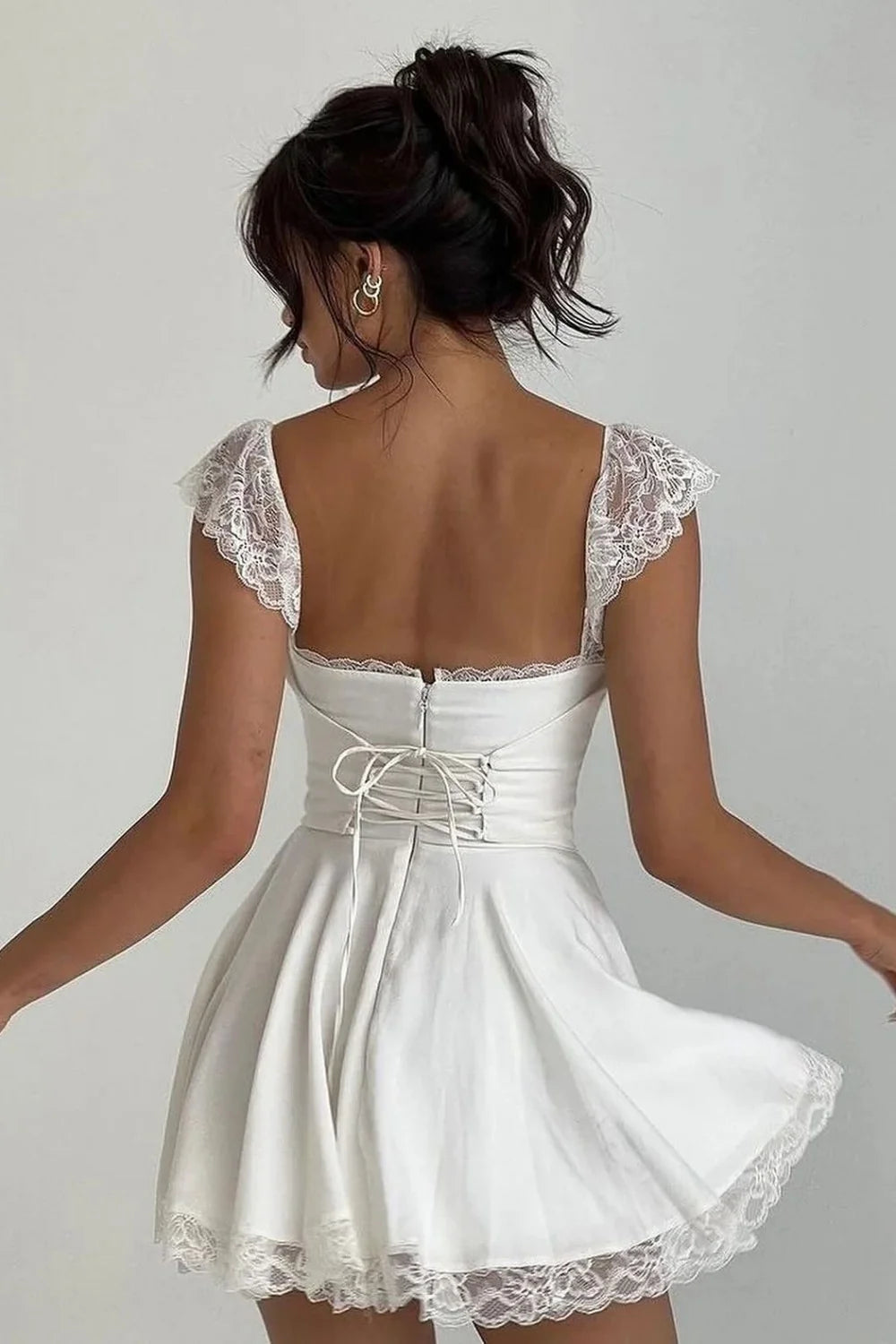 White Lace Trim A-Line Square Neck Homecoming Dress with Corset Back SH7837
