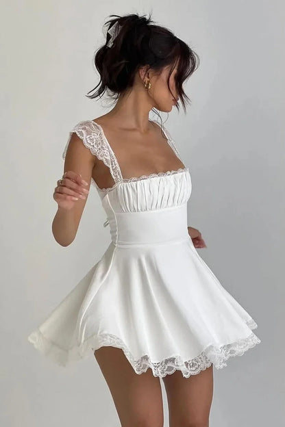 White Lace Trim A-Line Square Neck Homecoming Dress with Corset Back SH7837
