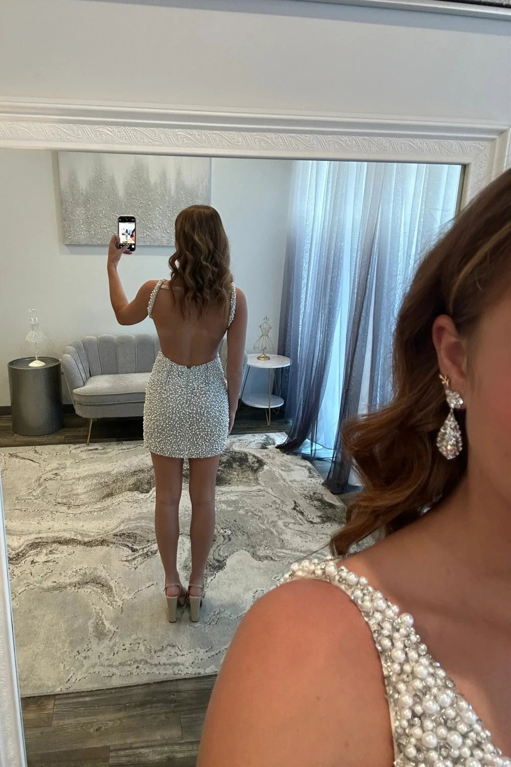 White Pearl Embellished Mini Homecoming Dress with Deep V-Neckline SH7931