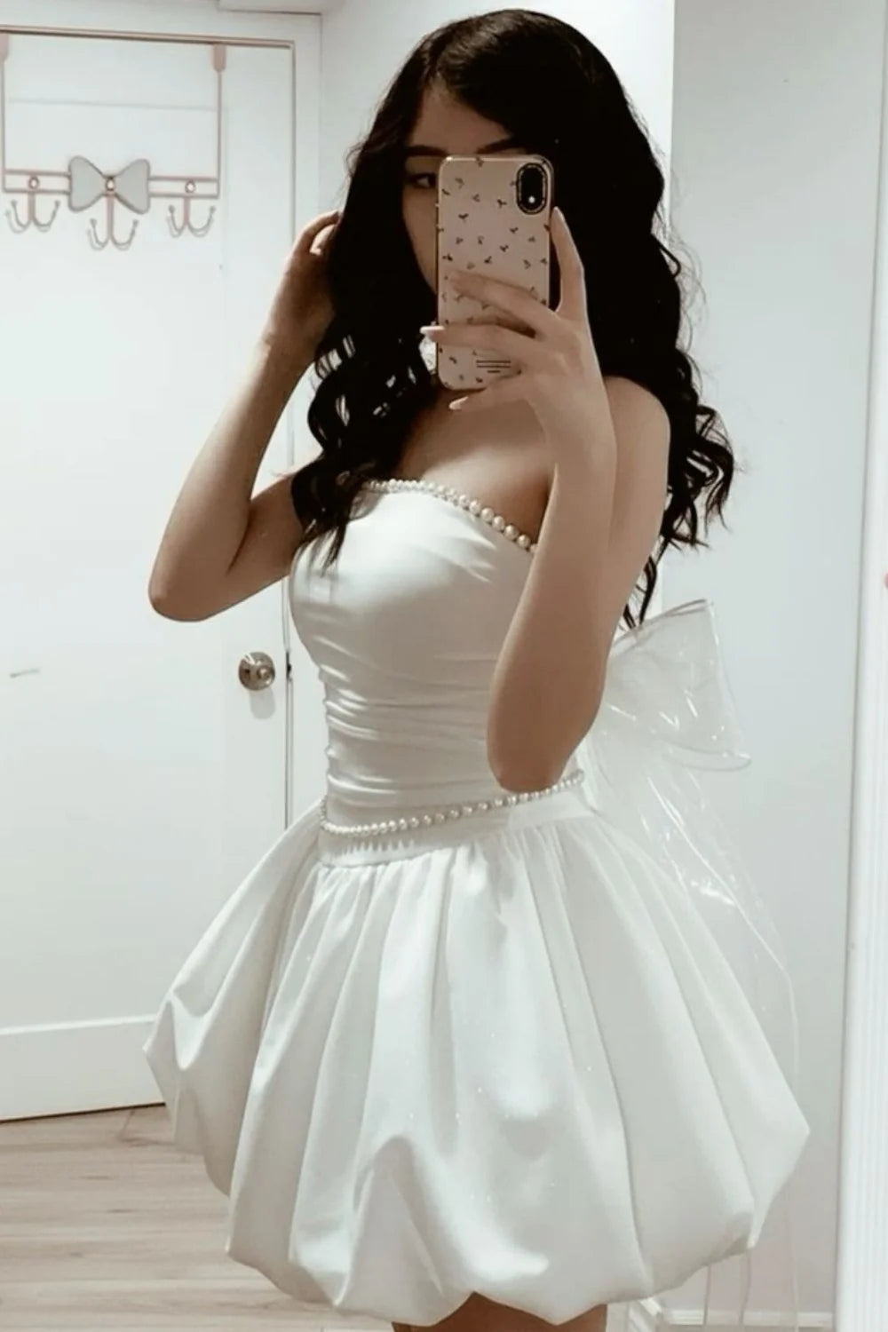 White Strapless Pearl Trim Satin Bubble Hem Mini Homecoming Dress SH7834