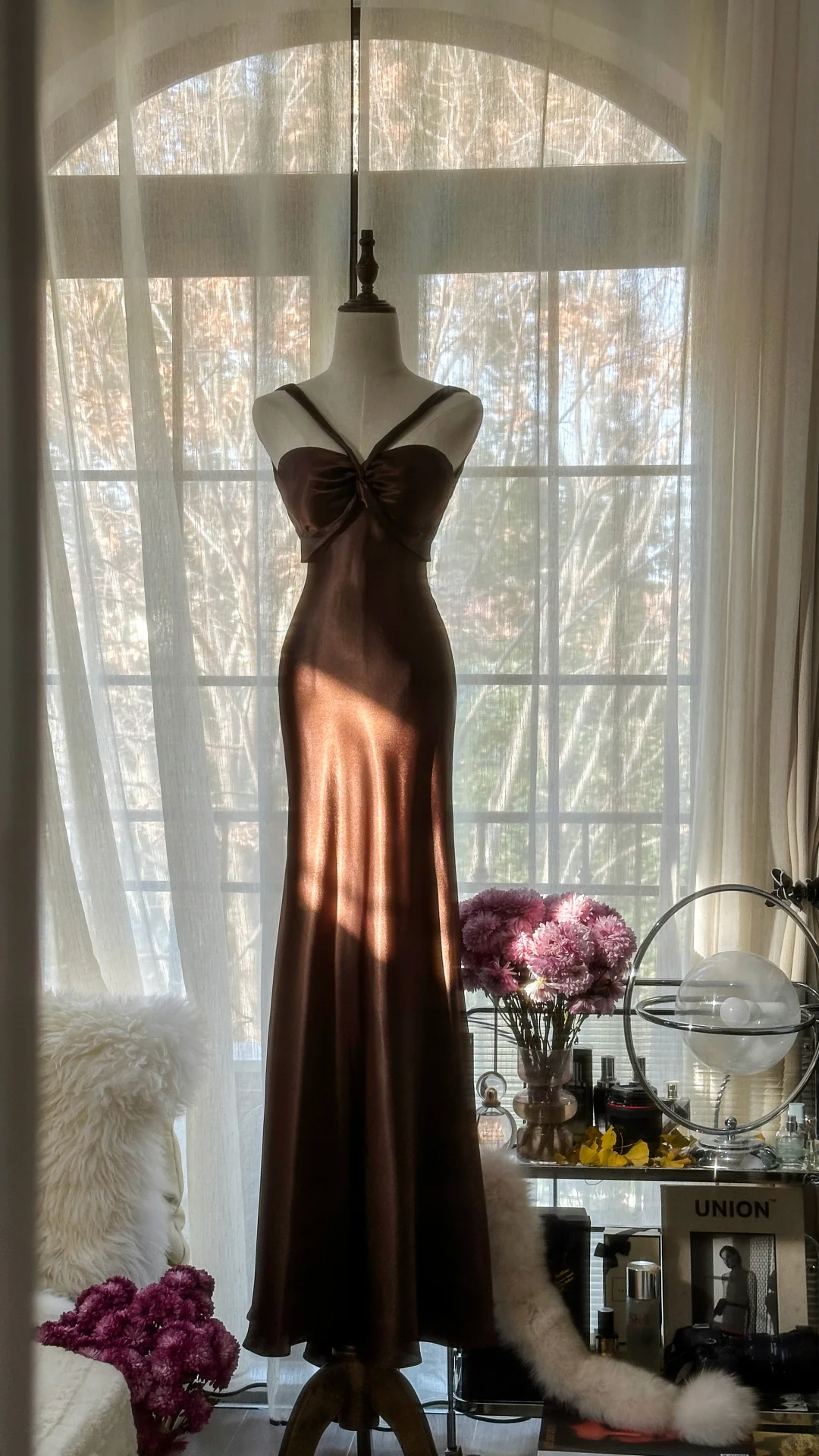 brown satin halter dress Annissa Plunge Maxi | Dark | Womens Size medium measures 41.25 from top to bottom Sexy Mermaid Halter Brown Satin