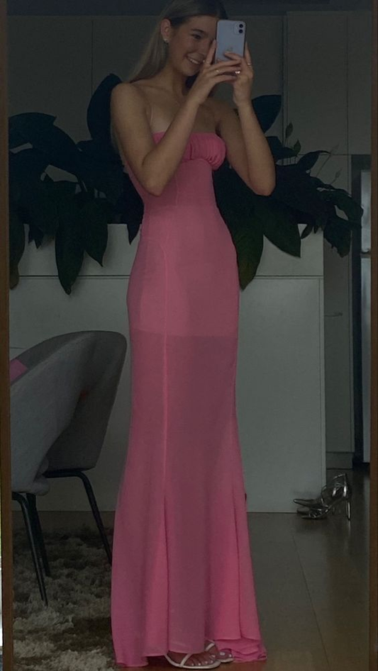 Simple Sheath Strapless Pink Mermaid Long Prom Dress SH1316