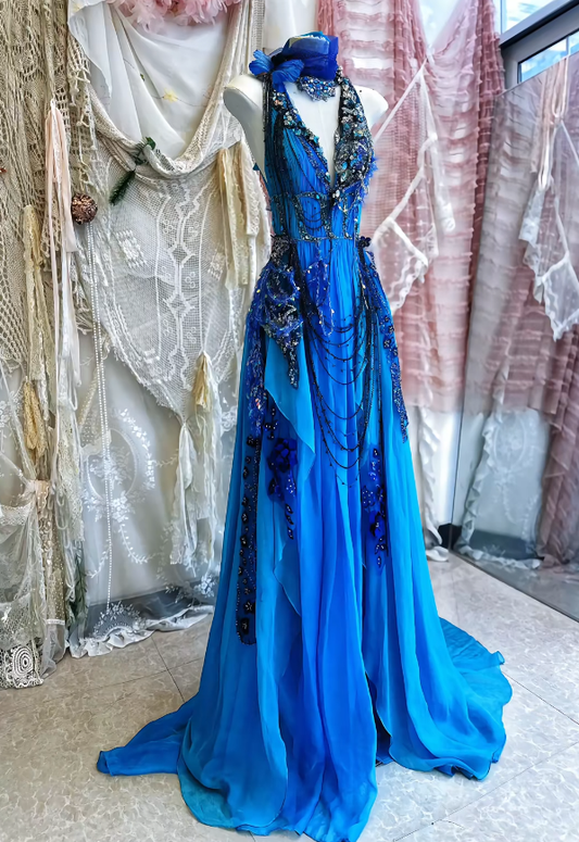 Blue Exquisite Beaded A Line V Neck Floral Chiffon Prom Dress 16th Birthday Dress SH4261