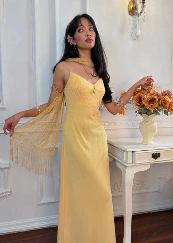 Yellow Vintage A Line Straps Exquisite Beaded Chiffon Prom Dress Graduation Prom Dress SH5489