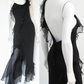 Vintage Flowy Sheath Straps Ruffle Black Chiffon Long Prom Dress Evening Dress SH5135