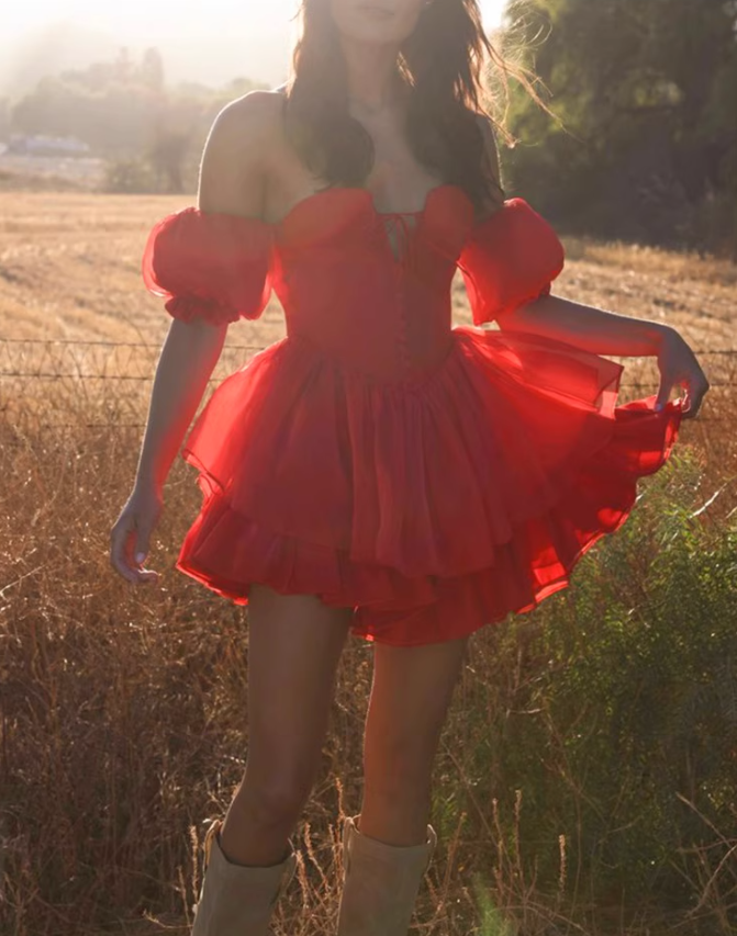 Charming Red A Line Puff Layered Chiffon Short Homecoming Dress Vacation Dress SH4151