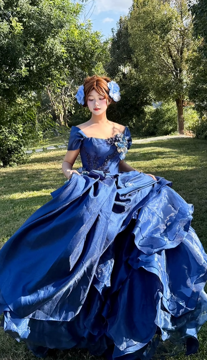 Classic Ball Gown Straps Blue Floral Satin Long Prom Dress 18th Birthday Dress SH4981