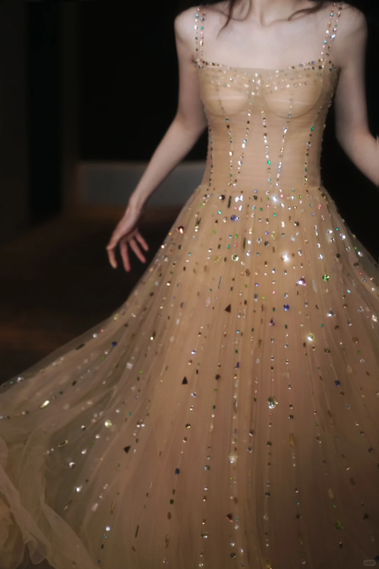 Shiny A Line Spaghetti Strap Multi-color Rhinestone Tulle Prom Dress Party Dress SH4740