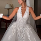 Elegant Exquisite Rhinestone Ball Gown Halter White Lace Tulle Long Wedding Dress SH4937