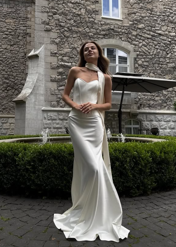 Classy Mermaid Sweetheart Neck White Satin Long Prom Dress Wedding Dress SH4617