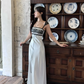 Vintage A Line Classic Lace Satin Long Prom Dress Date Dress SH5559