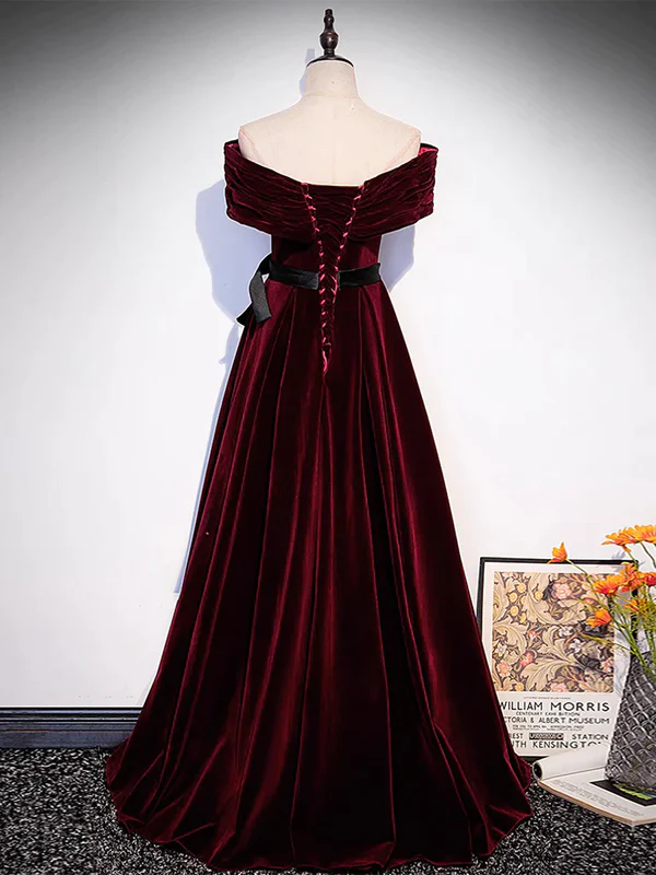Burgundy Off The Shoulder Velvet Long Prom Dress SH1152