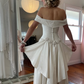 Vintage Ivory A Line Off the Shoulder Rose Satin Long Wedding Dress SH5874