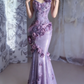 Gentle Purple Mermaid Halter Appliques Ruffle Sequin Long Prom Dress SH5427