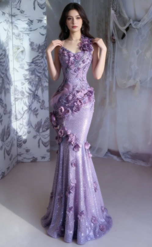Gentle Purple Mermaid Halter Appliques Ruffle Sequin Long Prom Dress SH5427