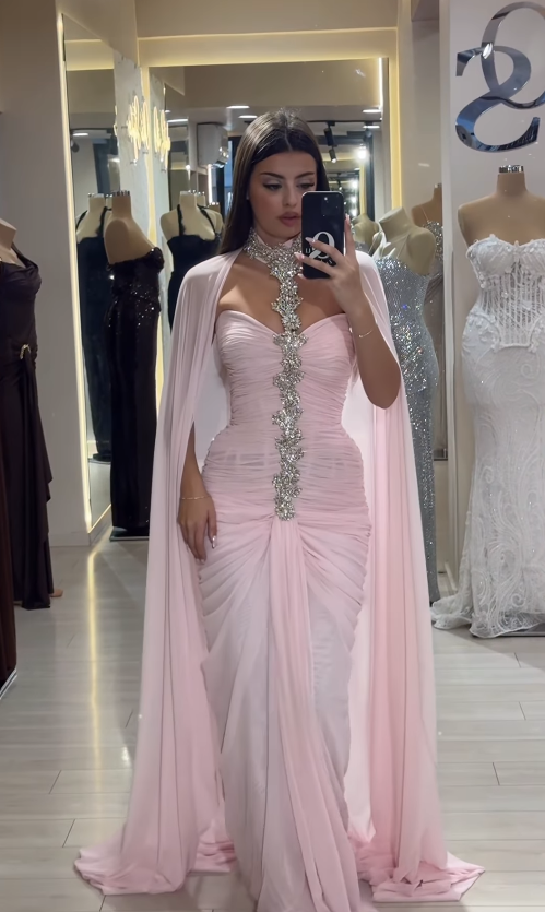 Light Pink Sheath Halter Rhinestone Pleated Chiffon Long Prom Dress Evening Dress SH4799