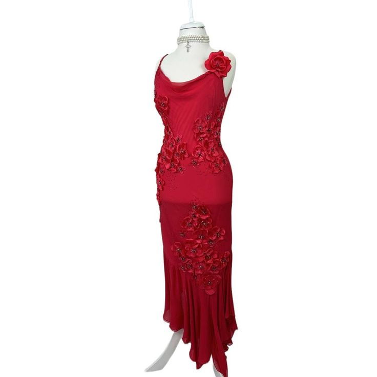 Spaghetti Straps Red Chiffon Applique Mermaid Prom Dress Evening Gown SH1290