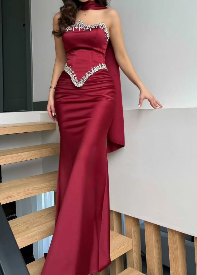 Red Sheath Strapless Exquisite Beaded Satin Prom Dress Evening Dress SH5415