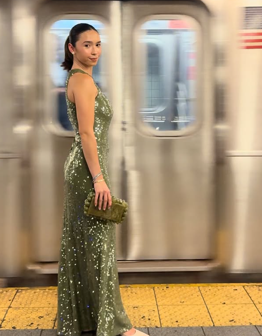 Shiny Sheath Round Neck Olive Green Sequin Long Prom Dress SH5474