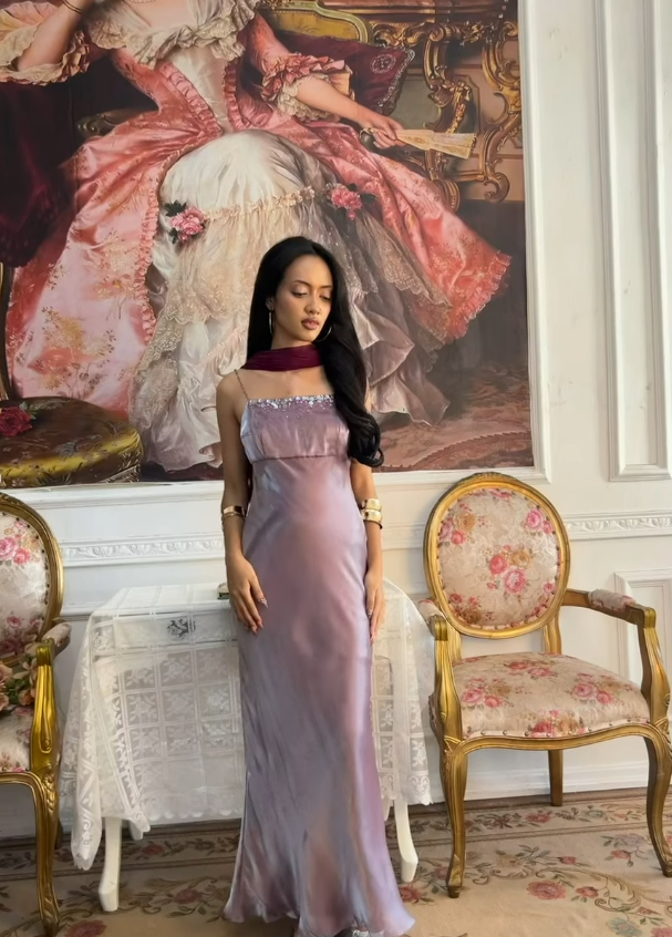Purple Vintage Sheath Straps Exquisite Beaded Satin Prom Dress Graduation Prom Dress SH5490
