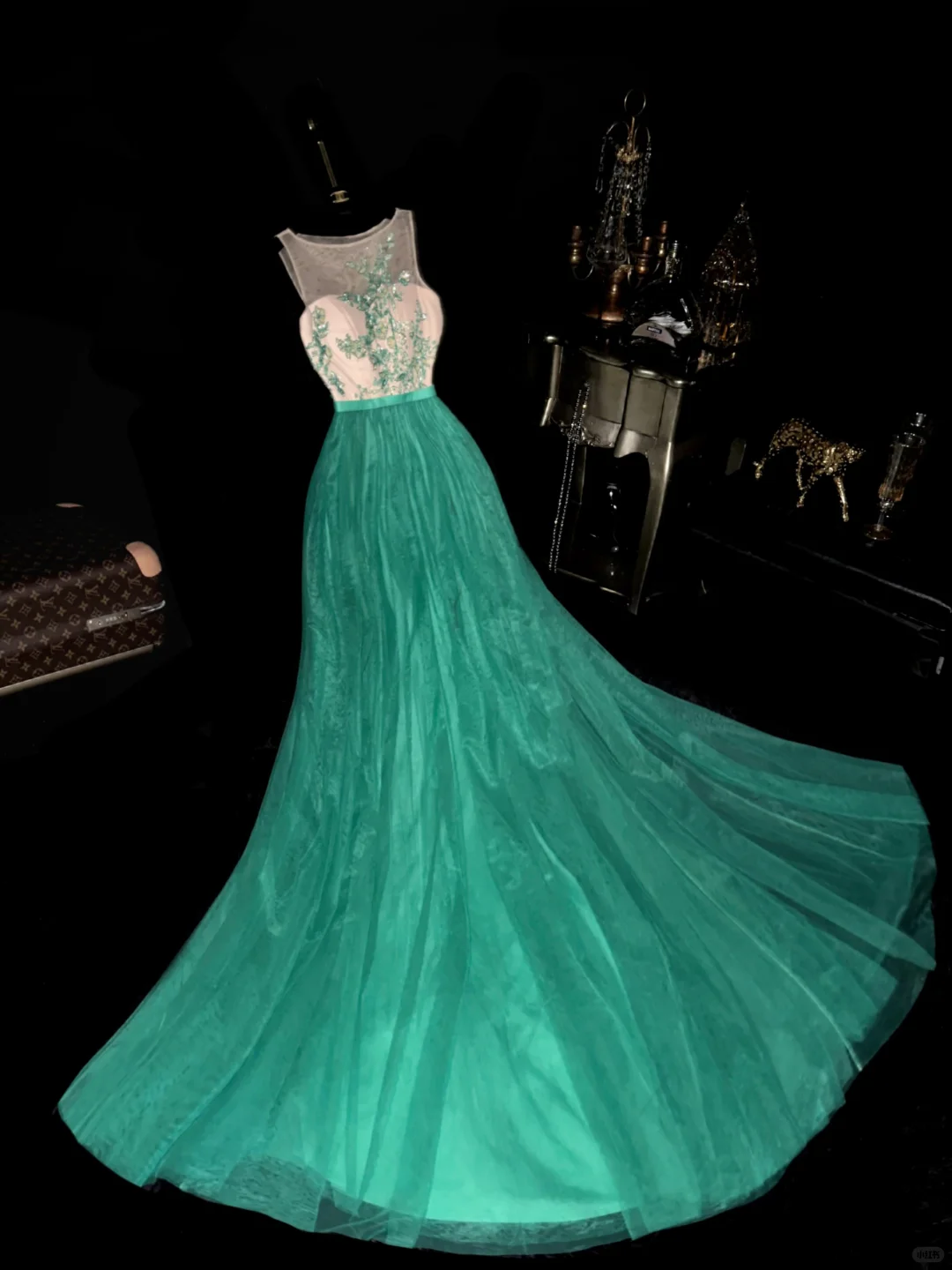 Green A Line Round Neck Embroidery Tulle Prom Dress Party Evening Dress SH5899