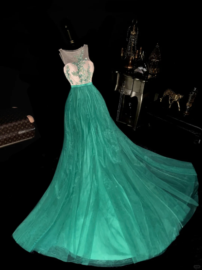 Green A Line Round Neck Embroidery Tulle Prom Dress Party Evening Dress SH5899
